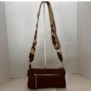Metro Muse Crossbody Bag‎ Women  Brown Vegan Leather Geometric Guitar Strap NWT